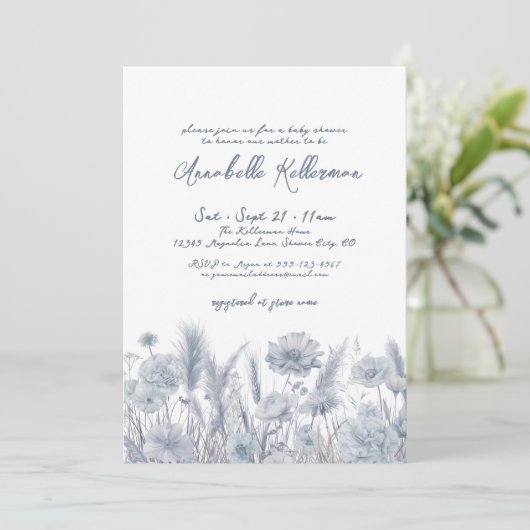 Dusty Blue Floral Boho Baby shower Kaart (Staand voorkant)