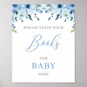 Dusty Blue Floral Boho books for baby sign Poster