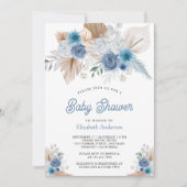 Dusty Blue Floral Boho Pampas Foto Baby shower Kaart (Voorkant)