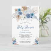 Dusty Blue Floral Boho Pampas Foto Baby shower Kaart (Staand voorkant)