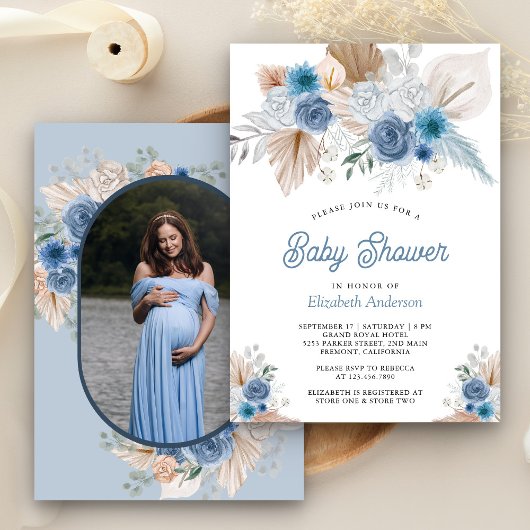 Dusty Blue Floral Boho Pampas Foto Baby shower Kaart