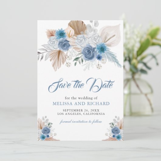 Dusty Blue Floral Boho Pampas Foto QR Code Save The Date (Staand voorkant)