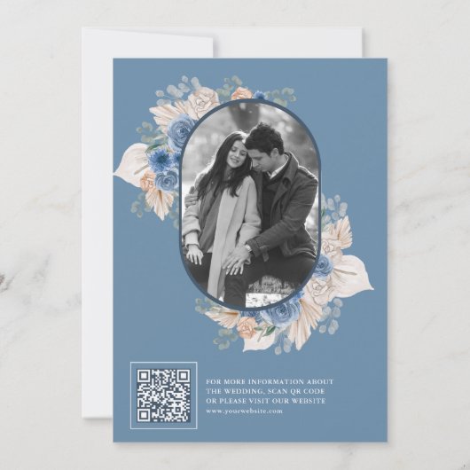 Dusty Blue Floral Boho Pampas Foto QR Code Save The Date (Achterkant)