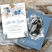 Dusty Blue Floral Boho Pampas Foto QR Code Save The Date