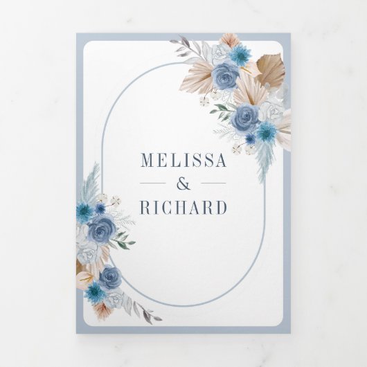 Dusty Blue Floral Boho Pampas QR Code Bruiloft Drieluik Uitnodiging (Cover)