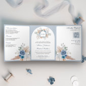 Dusty Blue Floral Boho Pampas QR Code Bruiloft Drieluik Uitnodiging