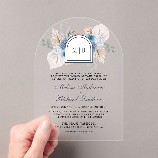 Dusty Blue Floral Boho Pampas Wedding Acryl Uitnodigingen (Insitu (Draagbaar))