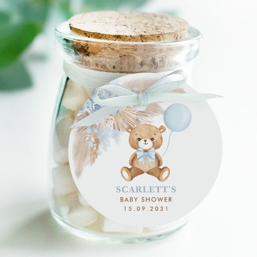 Dusty Blue Floral Boho Teddy Bear Baby shower Bedankjes Labels