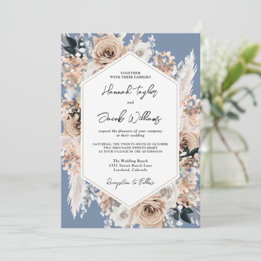 Dusty Blue Floral Boho Wedding Invitation Kaart (Staand voorkant)