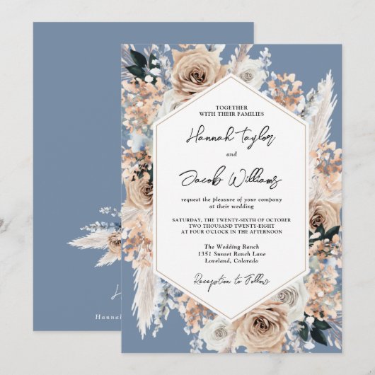 Dusty Blue Floral Boho Wedding Invitation Kaart (Voorkant / Achterkant)