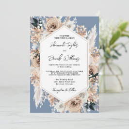 Dusty Blue Floral Boho Wedding Invitation Kaart