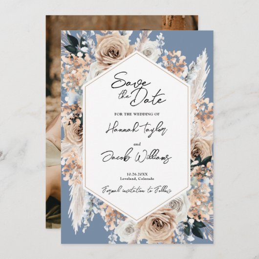 Dusty Blue Floral Boho Wedding Photo Save the Date (Voorkant / Achterkant)