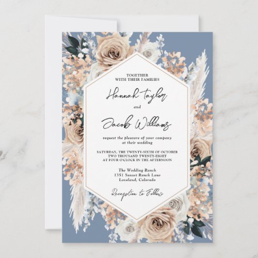 Dusty Blue Floral Boho Wedding QR Code RSVP Kaart (Voorkant)