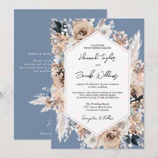 Dusty Blue Floral Boho Wedding QR Code RSVP Kaart (Voorkant / Achterkant)