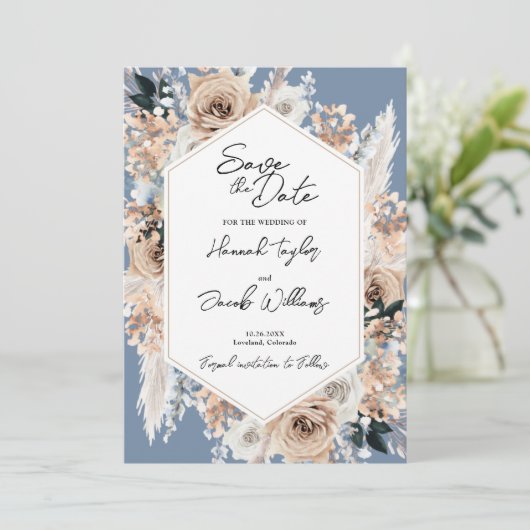 Dusty Blue Floral Boho Wedding Save The Date (Staand voorkant)