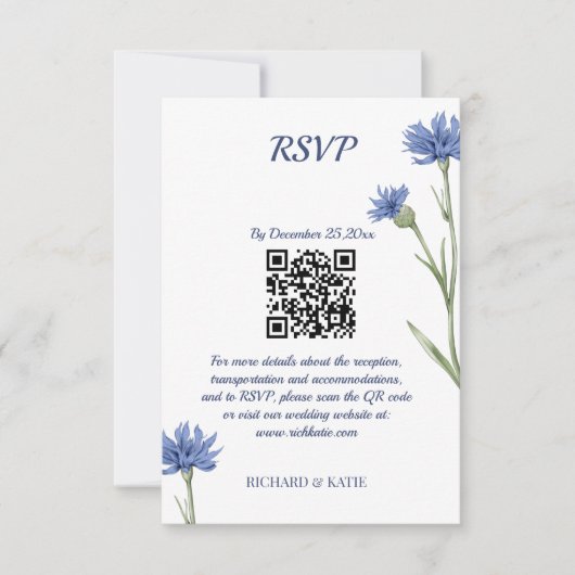Dusty Blue Floral Bold Stijlvolle QR Code RSVP kaa Kaartje (Voorkant)