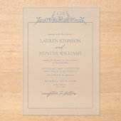 Dusty Blue Floral Border Monogram Weddenschap Acryl Uitnodigingen (Voorkant)