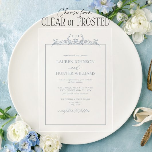 Dusty Blue Floral Border Monogram Weddenschap Acryl Uitnodigingen