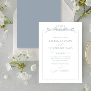 Dusty Blue Floral Border Monogram Weddenschap Kaart