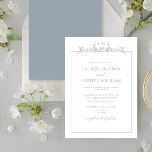 Dusty Blue Floral Border Monogram Weddenschap Kaart