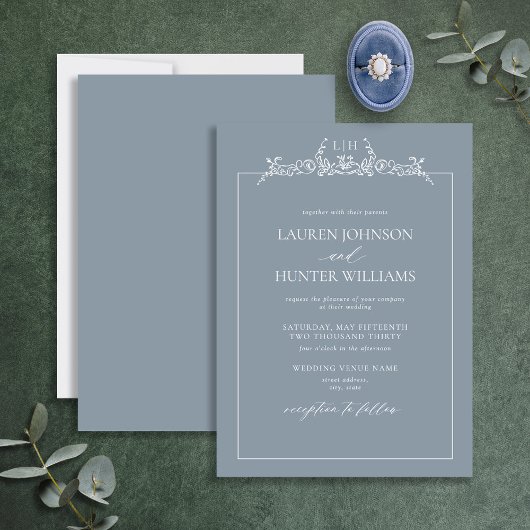 Dusty Blue Floral Border Monogram Weddenschap Kaart