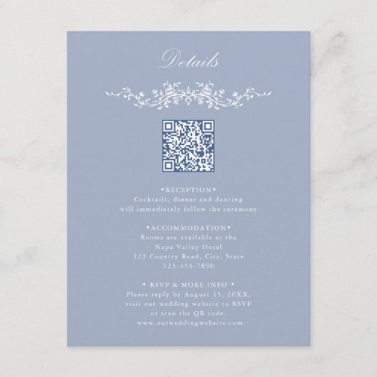 Dusty Blue Floral Border QR Code Trouwdetails Informatiekaartje (Voorkant)