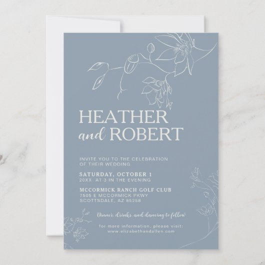 Dusty Blue Floral Botanical Boho Simple Wedding Kaart (Achterkant)