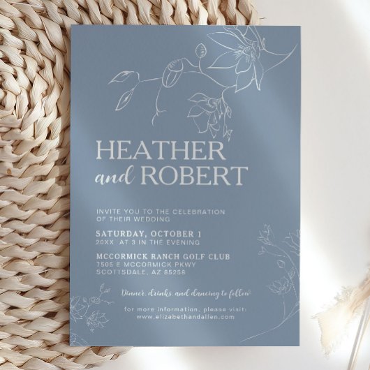 Dusty Blue Floral Botanical Boho Simple Wedding Kaart