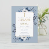 Dusty Blue Floral Botanical Eerste Heilige Communi Kaart (Staand voorkant)