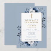Dusty Blue Floral Botanical Eerste Heilige Communi Kaart (Voorkant / Achterkant)