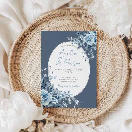 Dusty Blue Floral Botanical Elegant Wedding Kaart