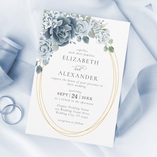 Dusty Blue Floral Botanical Elegant Wedding Kaart