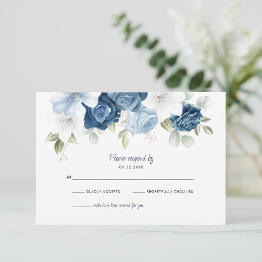 Dusty Blue Floral Botanical Foliage RSVP Kaartje (Staand voorkant)