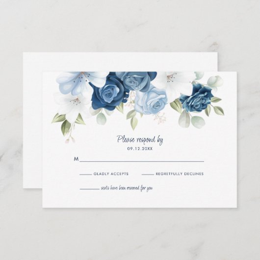 Dusty Blue Floral Botanical Foliage RSVP Kaartje (Voorkant / Achterkant)