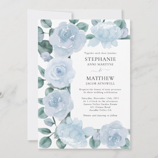 Dusty Blue Floral Botanical Rozen Weddenschap Kaart (Voorkant)