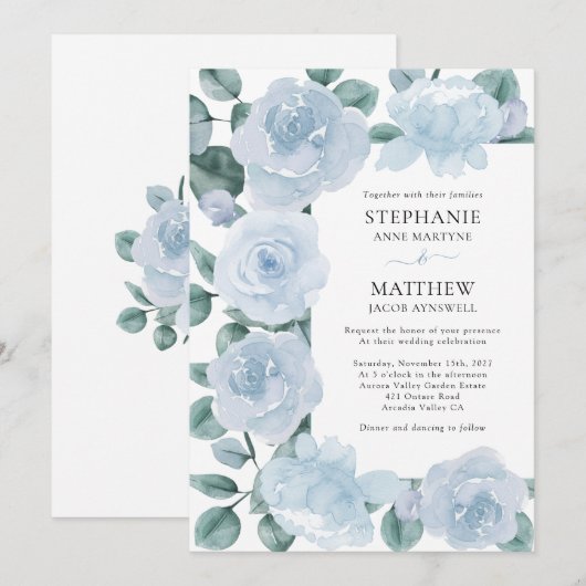 Dusty Blue Floral Botanical Rozen Weddenschap Kaart (Voorkant / Achterkant)