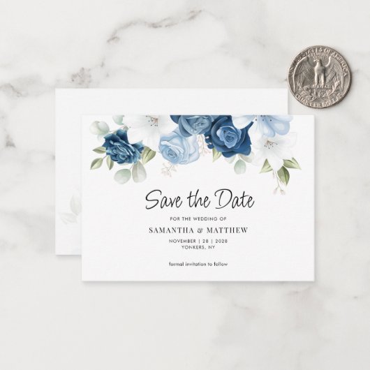 Dusty Blue Floral Botanical Save the Date Notitiekaartje (Voorkant / Achterkant in situ)