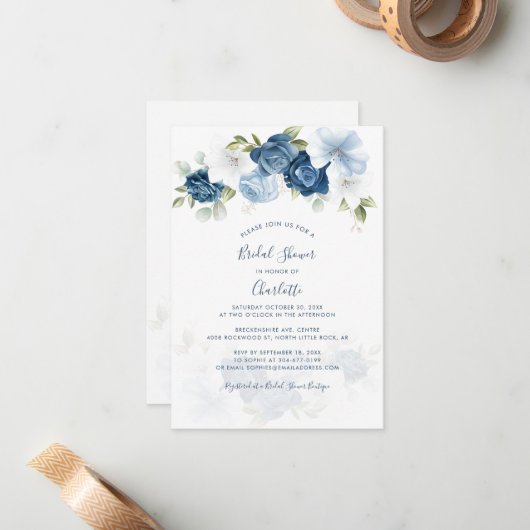 Dusty Blue Floral Botanical Vrijgezellenfeest Notitiekaartje (Voorkant / Achterkant in situ)