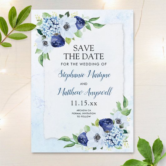 Dusty Blue Floral Botanical Waterverf Wedding Save The Date