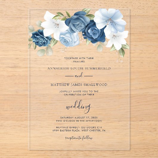 Dusty Blue Floral Botanical Wedding Acryl Uitnodigingen (Voorkant)