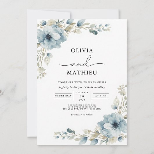 Dusty Blue Floral Botanical Wedding Kaart (Voorkant)