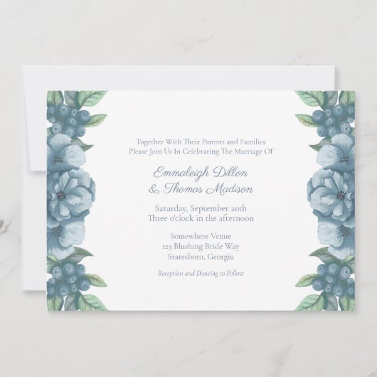 Dusty Blue Floral Botanical Wedding Kaart (Voorkant)