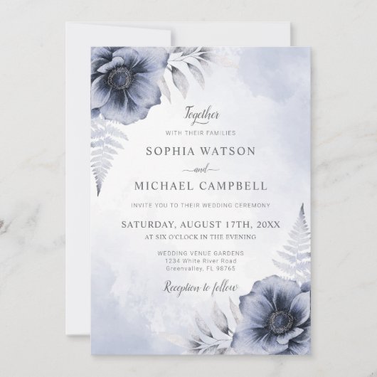 Dusty Blue Floral Botanical Wedding Kaart (Voorkant)
