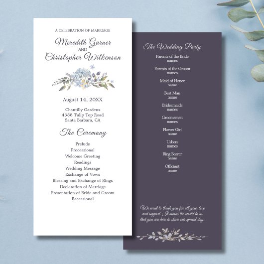 Dusty Blue Floral Botanical Wedding Programmakaart