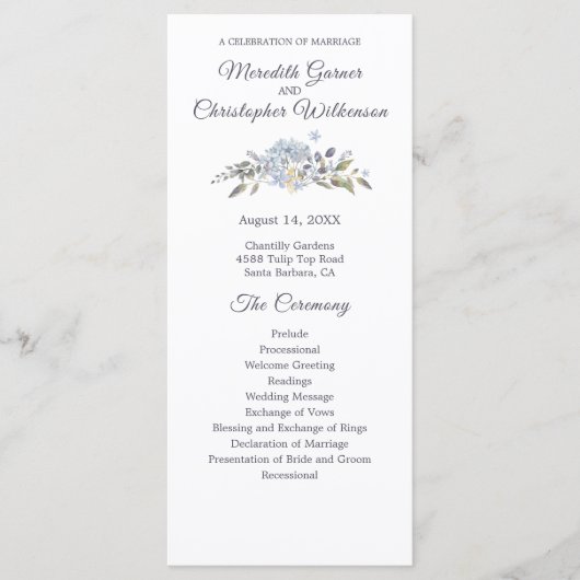 Dusty Blue Floral Botanical Wedding Programmakaart (Voorkant)