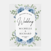 Dusty Blue Floral Bouquet Wedding Welcome Acryl Bord (Voorkant)