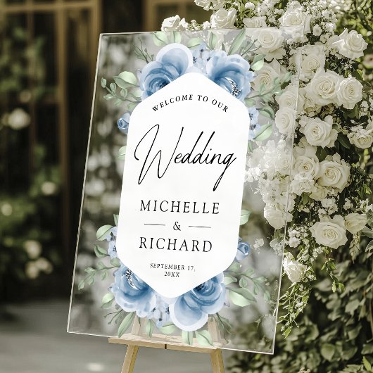 Dusty Blue Floral Bouquet Wedding Welcome Acryl Bord
