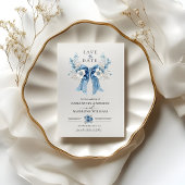 Dusty Blue Floral Bow Save the Date Wedding Card