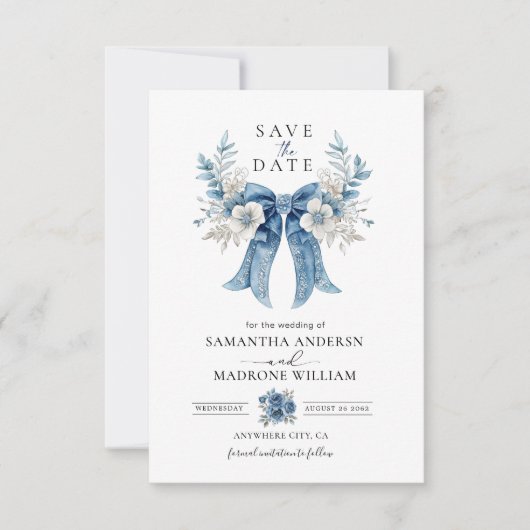 Dusty Blue Floral Bow Save the Date Wedding Card (Voorkant)