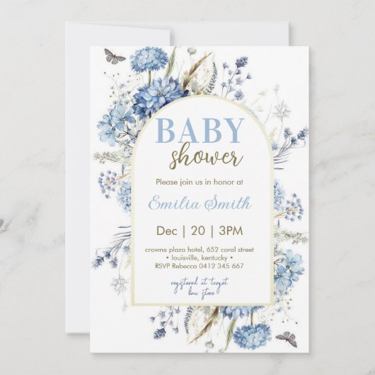 Dusty Blue Floral Boy Baby shower Kaart (Voorkant)